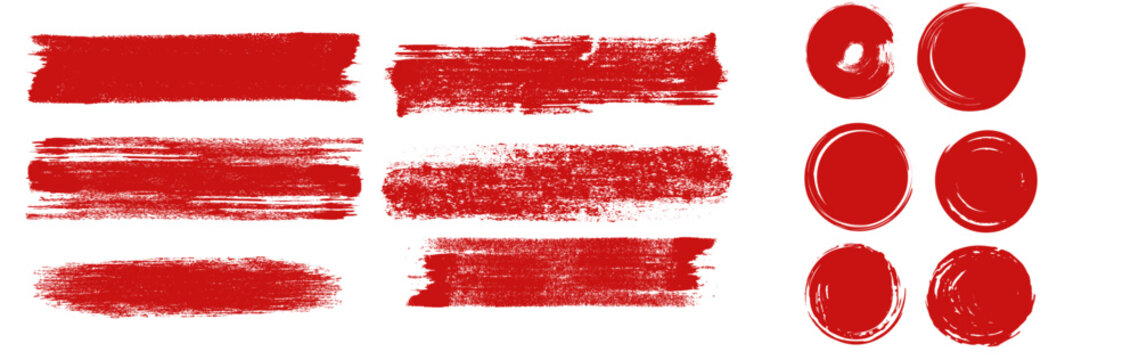 Straight red ink vector lines pack. Bloody color long and round hand-drawn brushstroke text highlights  frames  circles. Asian calligraphy brushstroke set.