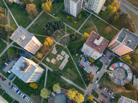 Aerial view of residential apartment blocks, green spaces, and parking lots in the Spojova district of Banska Bystrica, Banskobystricky kraj, Slovakia.