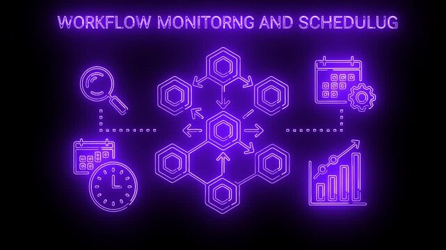Neon purple illustration of workflow monitoring and scheduling icons on a black background with a futuristic feel.
