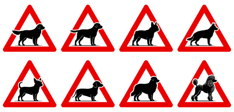 Set mit europ&auml;ischen Warnschildern Achtung Hund(e) und verschiedene Hunderassen in rot-wei&szlig;er Dreiecksform