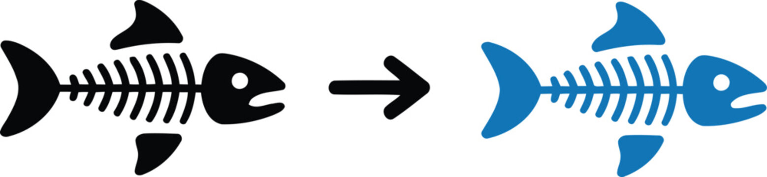 Black fish skeleton changing into a blue fish skeleton icon design Vector