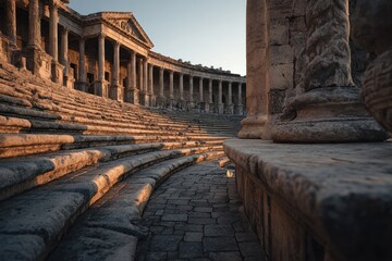 Fototapeta premium Sunlit steps of ancient amphitheater at sunset