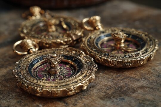 Ornate golden compasses on rustic wooden surface