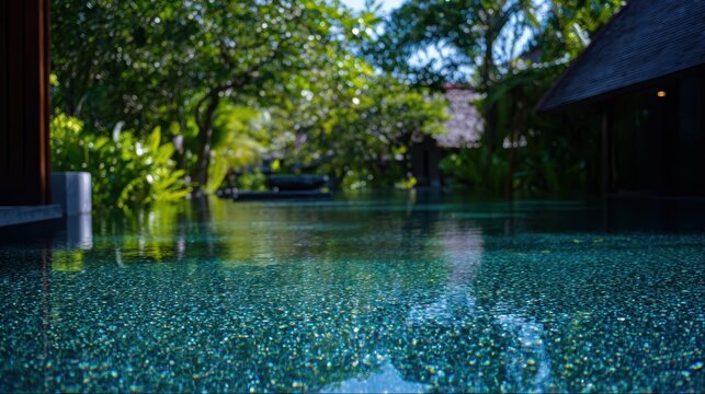 緑豊かな屋外環境で透明な水が輝きます
