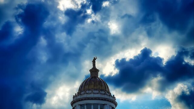 timelapse of dark clouds in the sky over golden dome of the judicial building