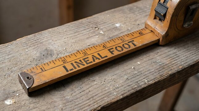 Vintage Wooden Lineal Foot Measuring Tool on Rustic Plank.