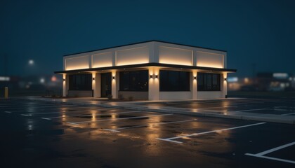Fototapeta premium Nighttime medium shot of an isolated leased restaurant building illuminated by glowing outdoor lights with a wet reflective pavement showcasing parking spaces and blurred