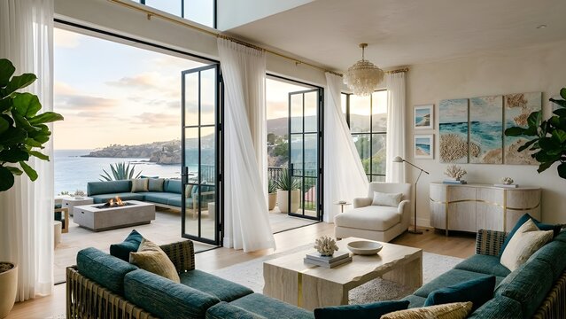 Grand Living Room un Luxurious Beach Front Home with Blue and White Decor