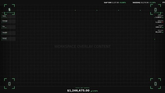 A dark digital interface showing grid lines, data panels, and virtual overlays for monitoring