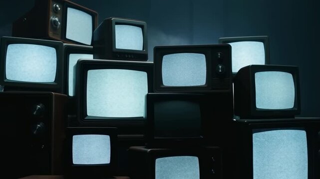 Vintage televisions stacked in a dark room, creating a nostalgic atmosphere. Represents the evolution of media and technology over time