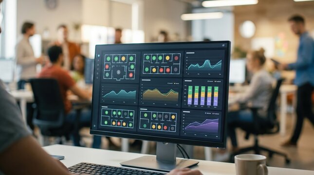 Focused medium shot of an AI dashboard monitoring meeting room occupancy status and utilization rates with outoffocus office environment creating depth.