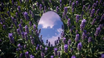 Obraz premium A mirror among lavender reflects the sky.