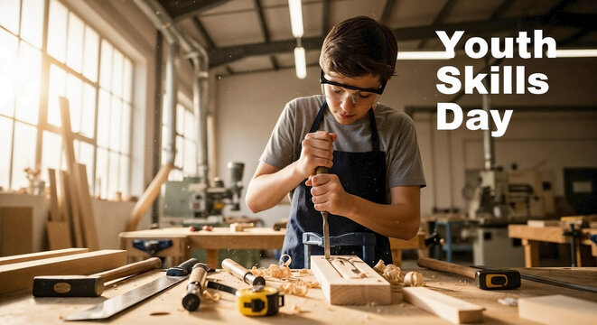 Young student carpentry in workshop with natural light, focusing on handcrafting wood with chisel and mallet.