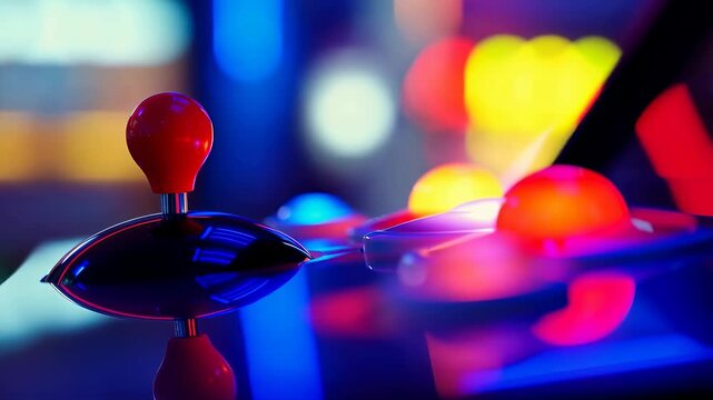 Close-up of a vibrant arcade joystick with colorful buttons, reflecting the excitement of retro gaming culture. A nostalgic journey into the world of video games