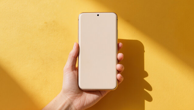 Hand Holding Blank Screen Smartphone on Sunny Yellow Background with Shadows