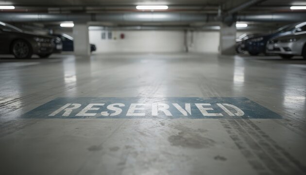 Medium shot of a numbered reserved parking space in a multilevel garage with sharp focus on the spot number blurred background of cars and pillars.
