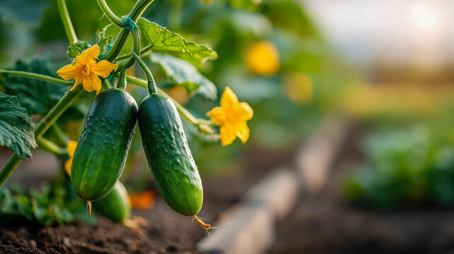 Cucumbers grow on a vine in a garden during sunset as flowers bloom and the soil is rich in nutrients and warmth