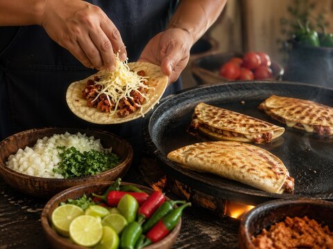 Quesadillas auf hei&szlig;er Platte in traditioneller K&uuml;che
Frau bereitet mehrere Quesadillas auf einer hei&szlig;en Platte zu und f&uuml;llt eine weitere mit K&auml;se und Fleisch