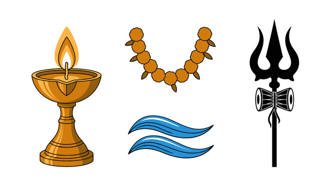 Set of traditional Hindu spiritual symbols with diya and trishul