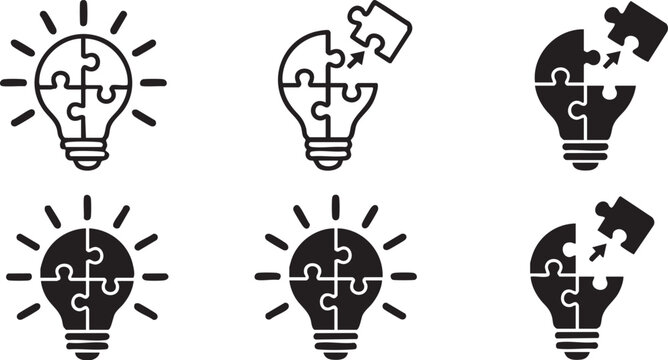 Set of light bulb puzzle icons for problem solving and creative thinking in line art and solid style