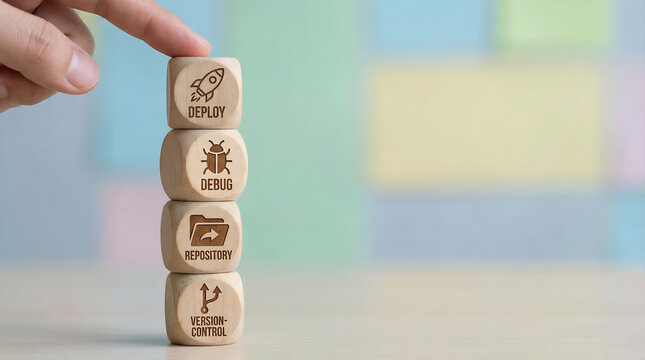 Stack of wooden blocks with icons representing software development lifecycle deploy, debug, repository, and version control