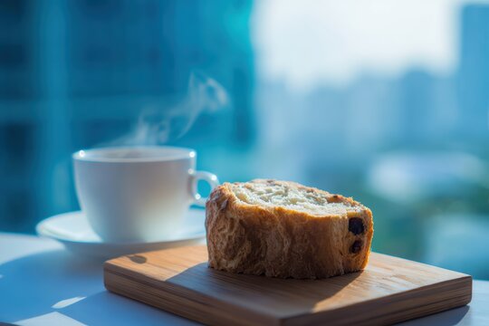 街の景色を望む木皿にコーヒーとパン