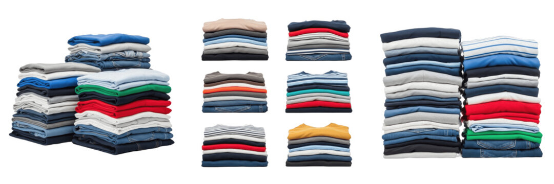 Organized Piles of Folded Colorful Clothes, Laundry and Clothing Storage Concept, Stacked T-shirts and Textiles for Retail Display, Home Organization and Wardrobe Management.