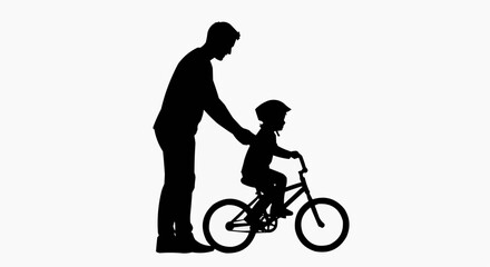 Fototapeta premium A silhouette of a father teaching his child to ride a bike