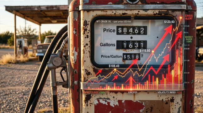 Vintage rusty gas pump with glowing overlaid financial chart showing rising crude oil prices. Concept of severe energy crisis and global fuel inflation
