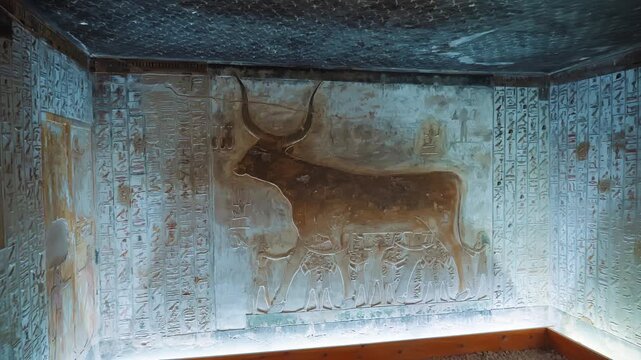 Interior view of the famous Seti the first tomb that is decorated with gods figures and hieroglyphs in the valley of Kings in Luxor in Egypt