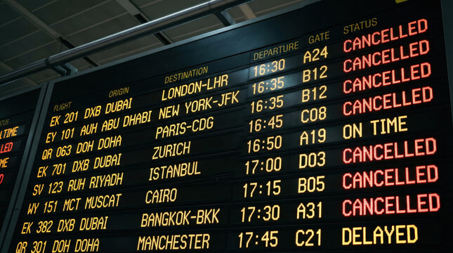 Airport departure board showing multiple cancelled flights. Digital flight schedule display with travel disruptions. International status screen in airport terminal