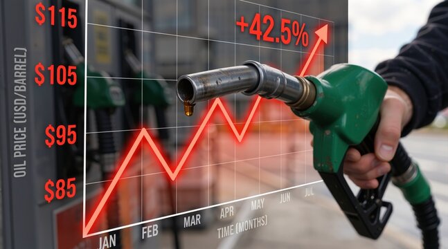 Hand holding a gas pump nozzle with a dripping fuel drop and rising oil price graph overlay. Global energy crisis and economic inflation concept