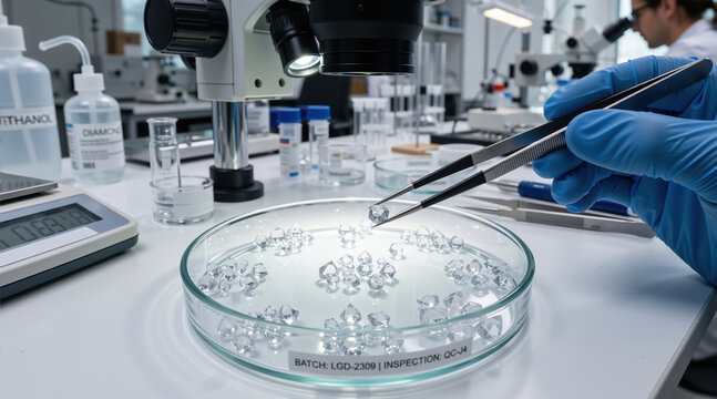 Gloved hand with tweezers inspecting rough diamonds in a petri dish. Gemological laboratory quality control and research. Raw material analysis