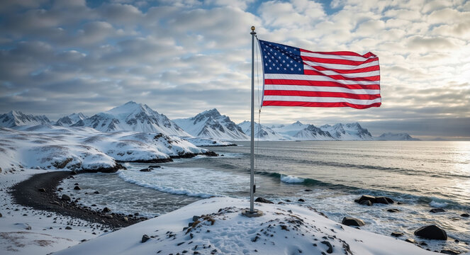 American flag waving on a snowy coast with mountains. Winter landscape with ocean waves and dramatic sky. Greenland concept