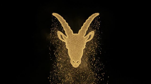 Golden goat head silhouette emerging from particles. Abstract cosmic animal shape forming in darkness. Celestial zodiac sign animation for astrology concept design.