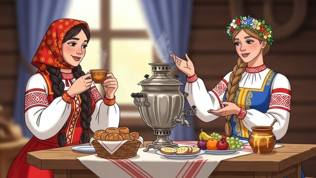 Traditional russian tea ceremony with samovar and two charming women in folk costumes