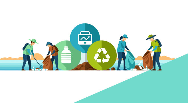 Volunteers Cleaning Beach and Recycling Plastic Waste