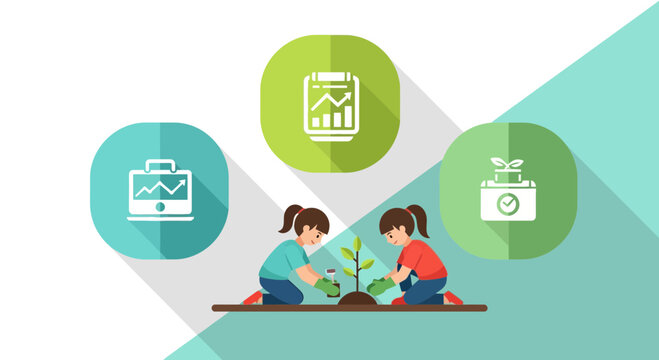 Children planting a tree for a reforestation project with data icons