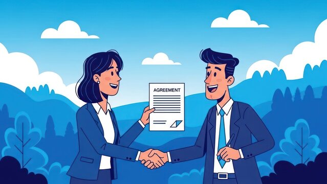 Business colleagues inking deal, symbolizing partnership and mutual benefits under blue skies