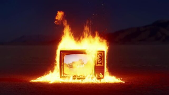 Vintage television engulfed in flames, symbolizing the destruction of outdated media and the evolution of technology in modern society