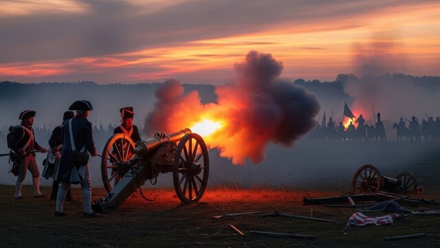 Dramatic reenactment scene showcasing revolutionary war soldiers firing a cannon at twilight