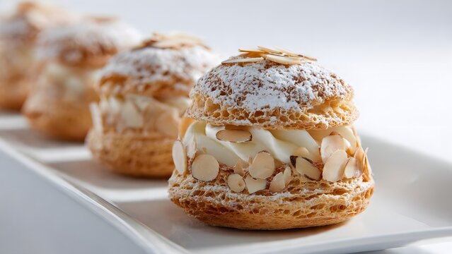 A row of fresh golden Paris-Brest pastries filled with whipped cream and topped with sliced almonds, arranged neatly on a clean white ceramic plate.