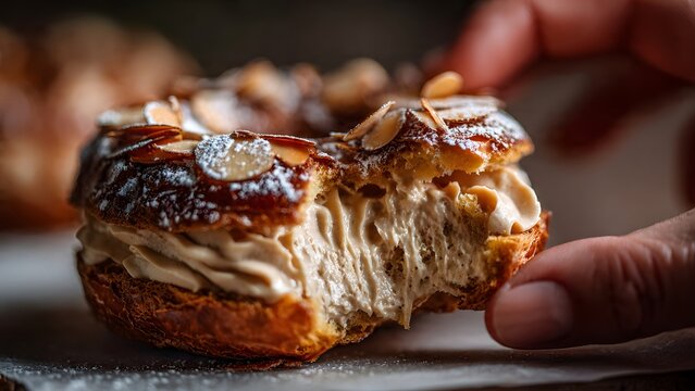 A professional macro photography shot of a single Paris-Brest pastry filled with praline cream, topped with sliced almonds, being held by a person's hand.