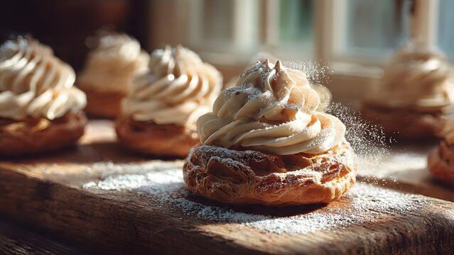 Freshly baked French Paris-Brest pastries filled with praline cream and topped with almonds, arranged on a rustic wooden table in a warm sunlit bakery.