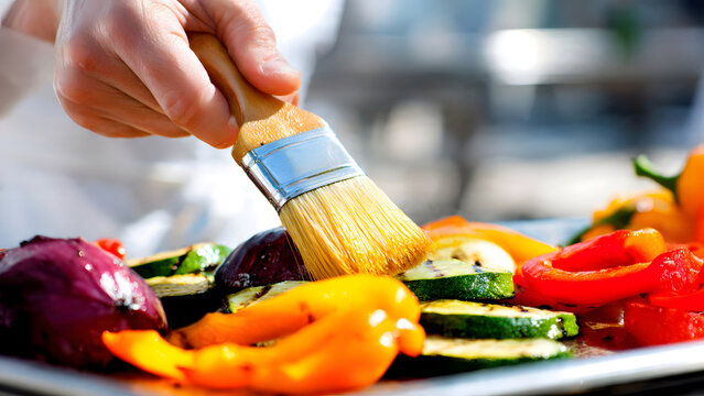 A professional chef's hand using a brush to apply oil on colorful bell peppers on a wooden board, preparing fresh vegetables for gourmet cooking.