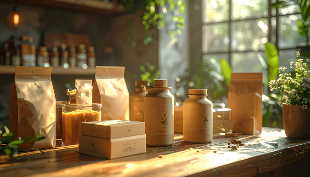 Natural Apothecary Products Displayed on Wooden Countertop.