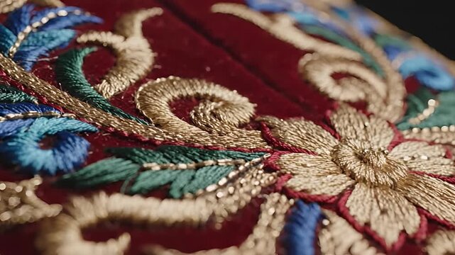 Intricate Embroidery Detail on Rich Red Fabric CloseUp.