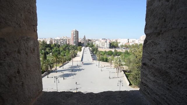 Turia River Views from Torres de Serranos &ndash; Valencia Spain Historic Landmark Perspective