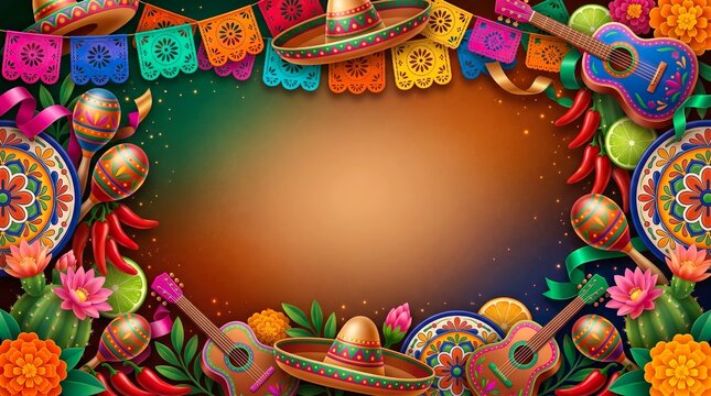 Premium Cinco de Mayo Background with Talavera and Papel Picado