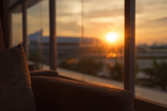 モダンな建物の椅子からの夕日の眺め